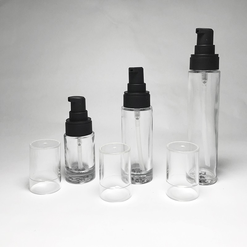 Most searched item empty 45ml cylinder tall shape glass bottle 20/400 screw on neck black lotion gel with transparent cap