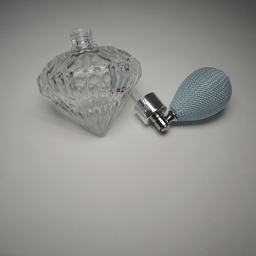 Elegance design diamond shape glass bottle empty 35ml customization turquoise perfume glass bottle flat head bulb atomizer