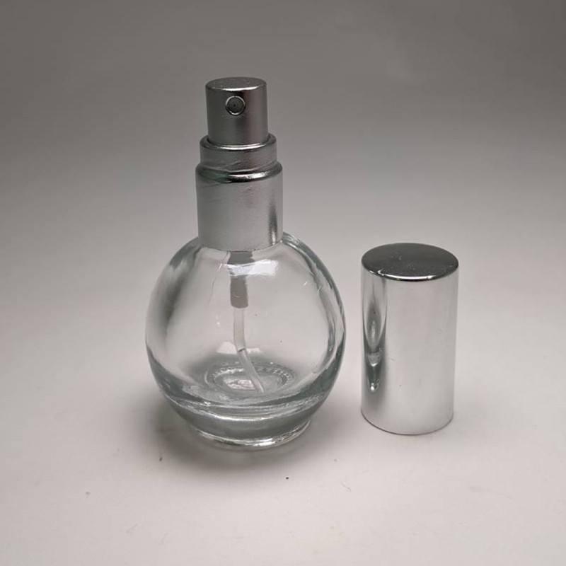 Perfume fragrance custom glass bottle 10ml globe shape spray purple color glass bottle silver aluminum mist sprayer 13/415 screw neck